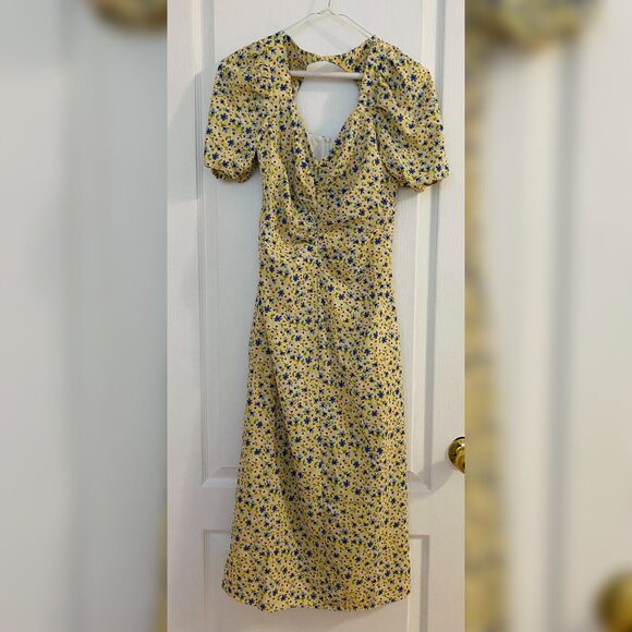 Urban Revivo Ruched Yellow Floral Midi Dress - Picture 1 of 5